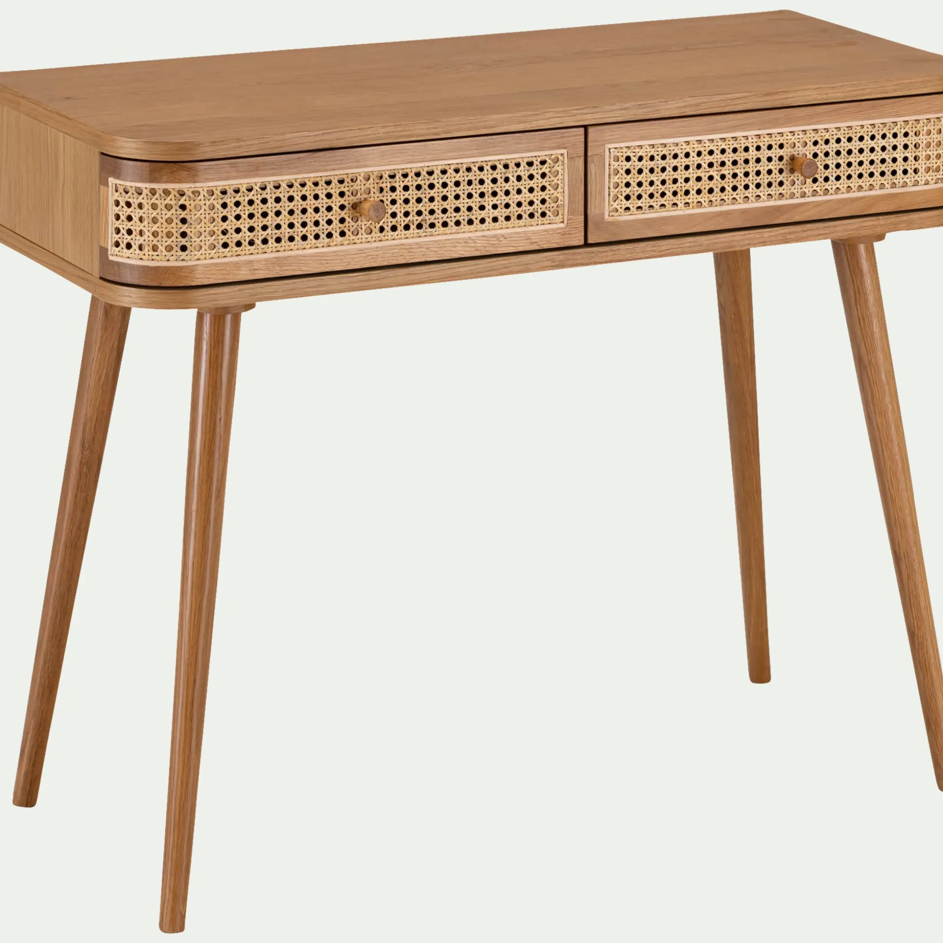 Coiffeuse 2 tiroirs en chêne et rotin - bois clair