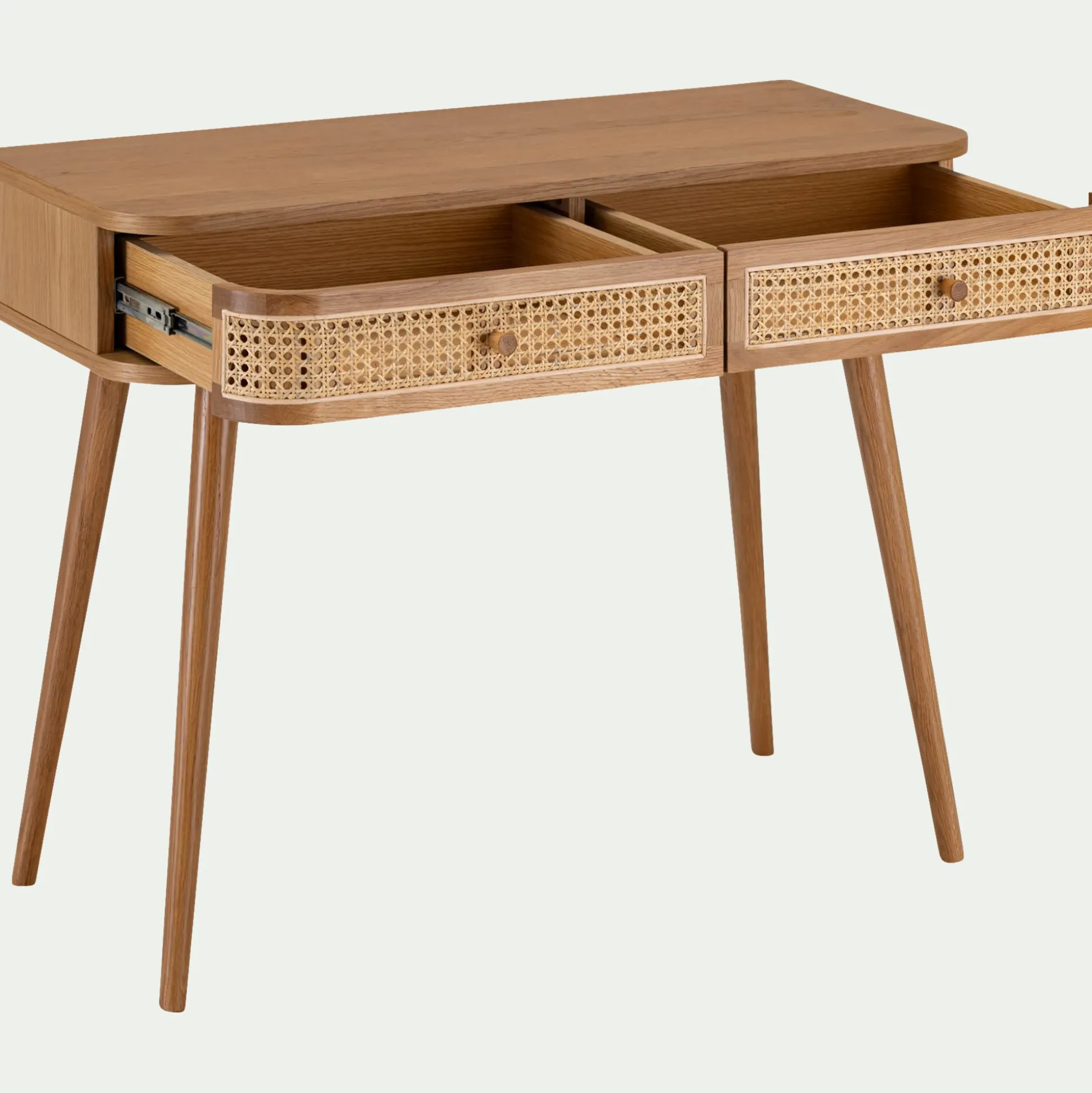 Coiffeuse 2 tiroirs en chêne et rotin - bois clair