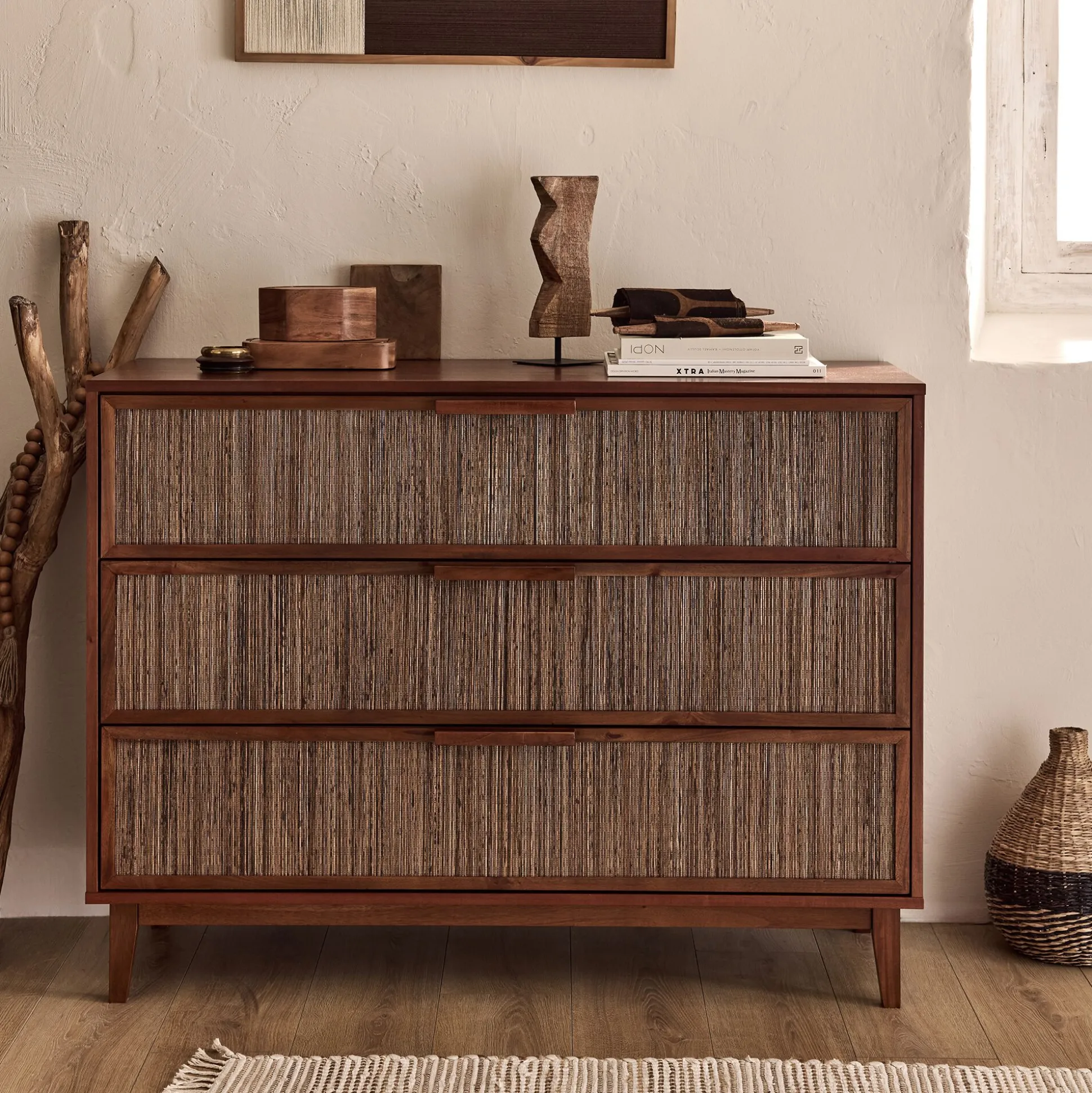 Commode 3 tiroirs en acajou L120cm - bois foncé