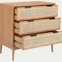 Commode 3 tiroirs en bois et cannage - bois clair