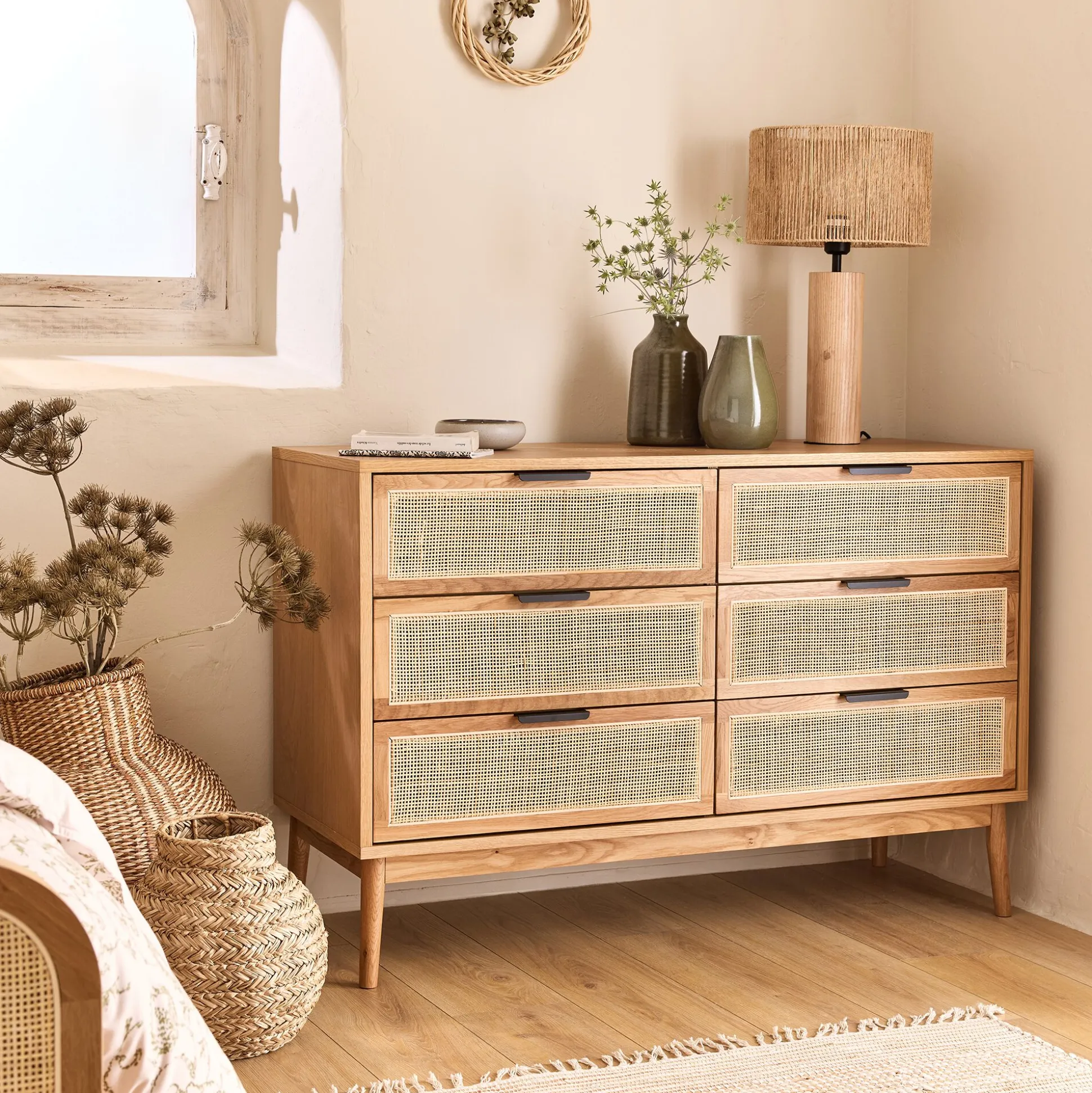 Commode 6 tiroirs en bois et cannage - bois clair