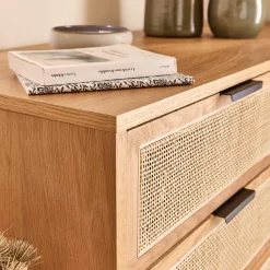 Commode 6 tiroirs en bois et cannage - bois clair
