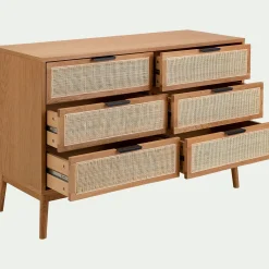 Commode 6 tiroirs en bois et cannage - bois clair