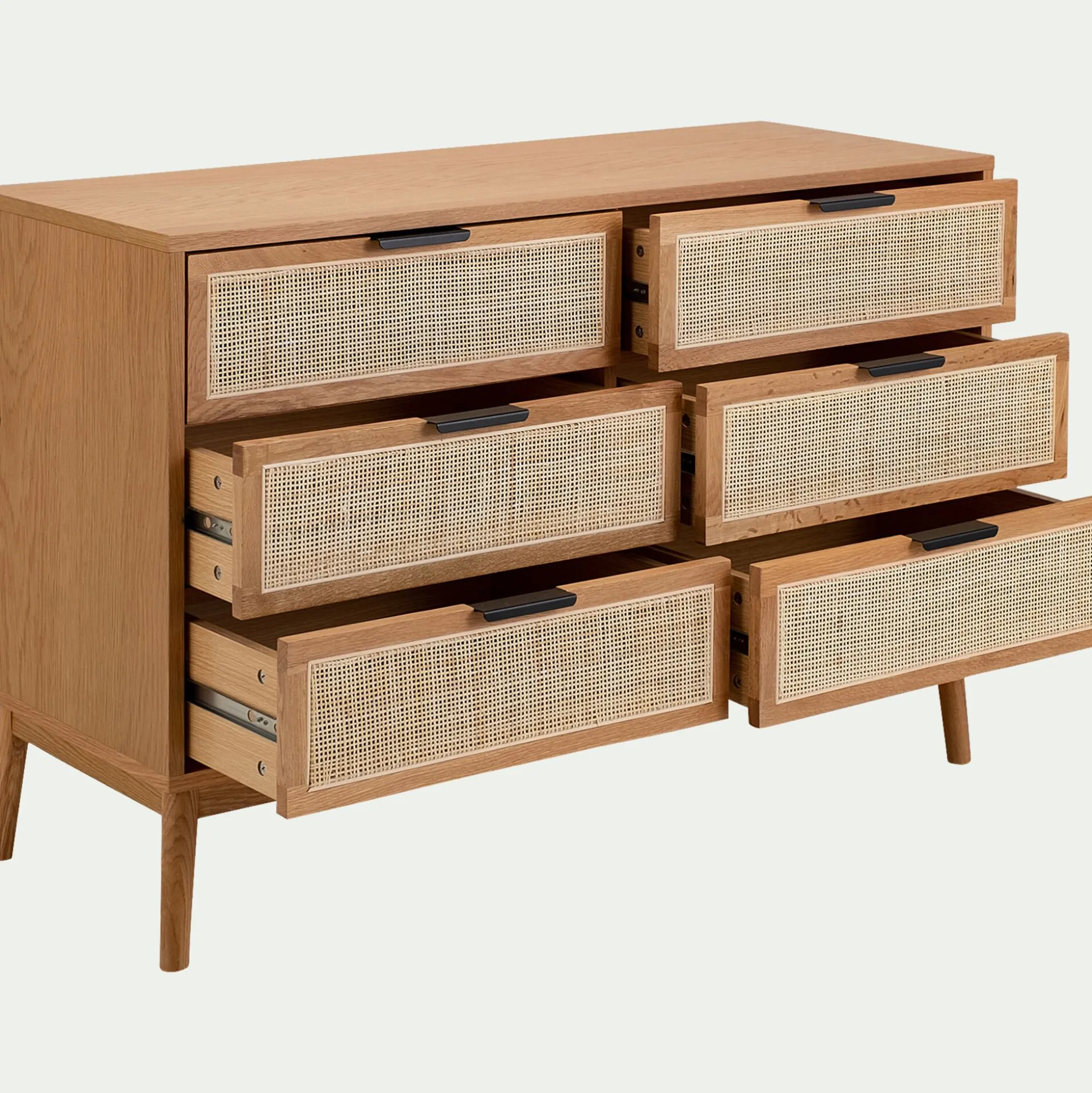 Commode 6 tiroirs en bois et cannage - bois clair