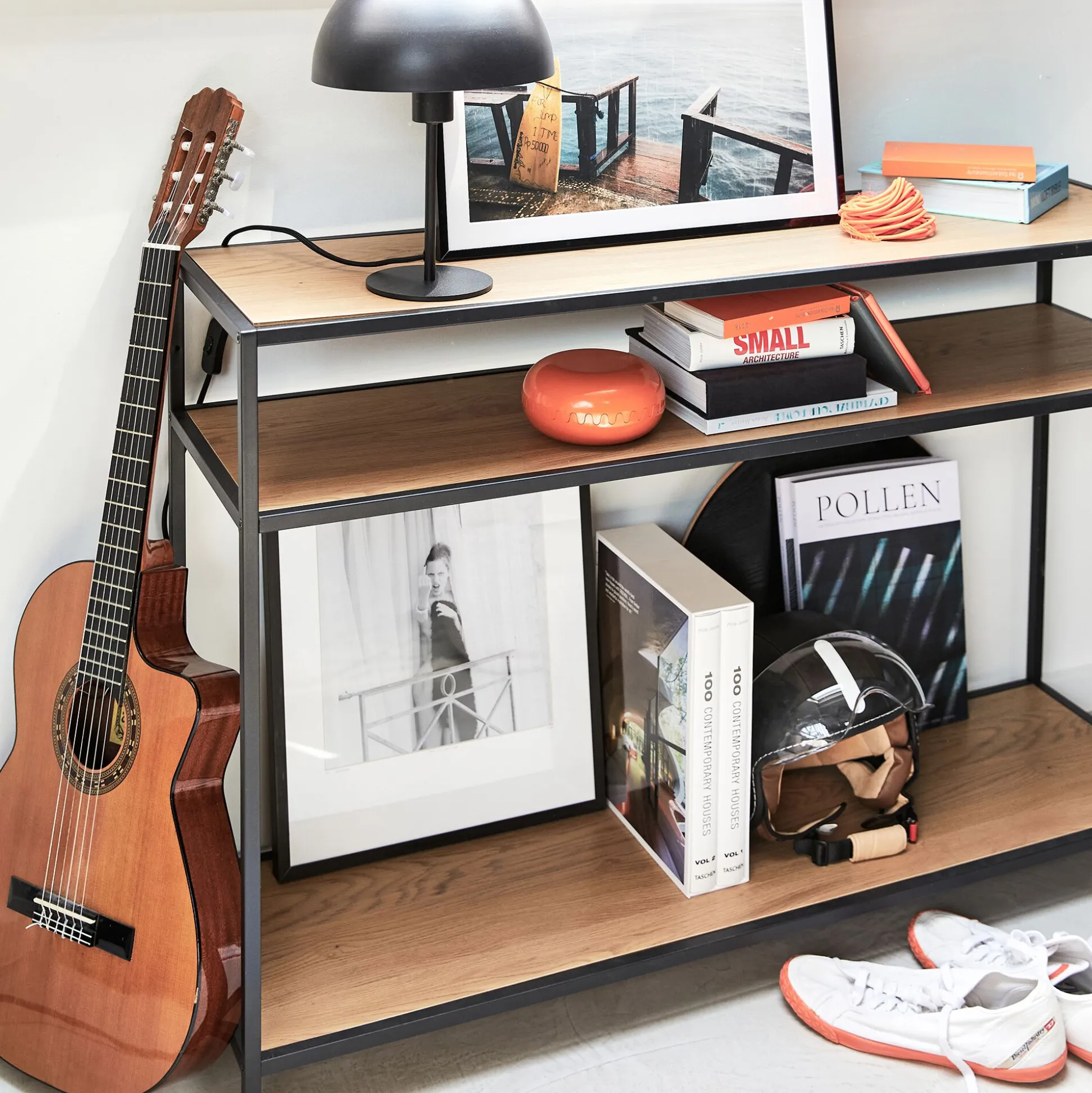 Console 3 plateaux en métal et effet chêne L120xP35xH79cm - bois foncé