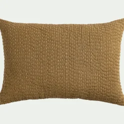 Coussin avec surpiqûres Kantha en lin et coton 40x60cm - vert mousse