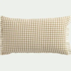 Coussin à carreaux en coton finition volant 30x50cm - beige