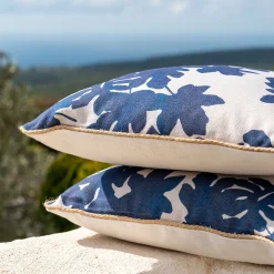 Coussin d'extérieur à motif feuilles de figuier 45x45cm - bleu