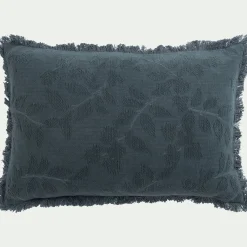 Coussin en coton motif feuille en tissage jacquard finition franges 40x60cm - vert eucalyptus