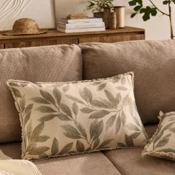 Coussin en coton motif végétal finition franges 40x60cm - vert