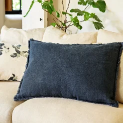Coussin frangé en lin 50x70cm - bleu