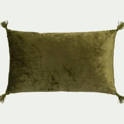 Coussin à pompons en velours 30x50cm - vert garrigue