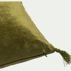 Coussin à pompons en velours 30x50cm - vert garrigue