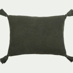 Coussin à pompons tricoté en coton 35x50cm - vert cèdre