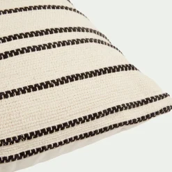 Coussin à rayures brodées en coton 45x45cm - noir et écru