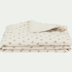 Couvre-lit en lin et coton 220x240cm motif rayé et floral - blanc