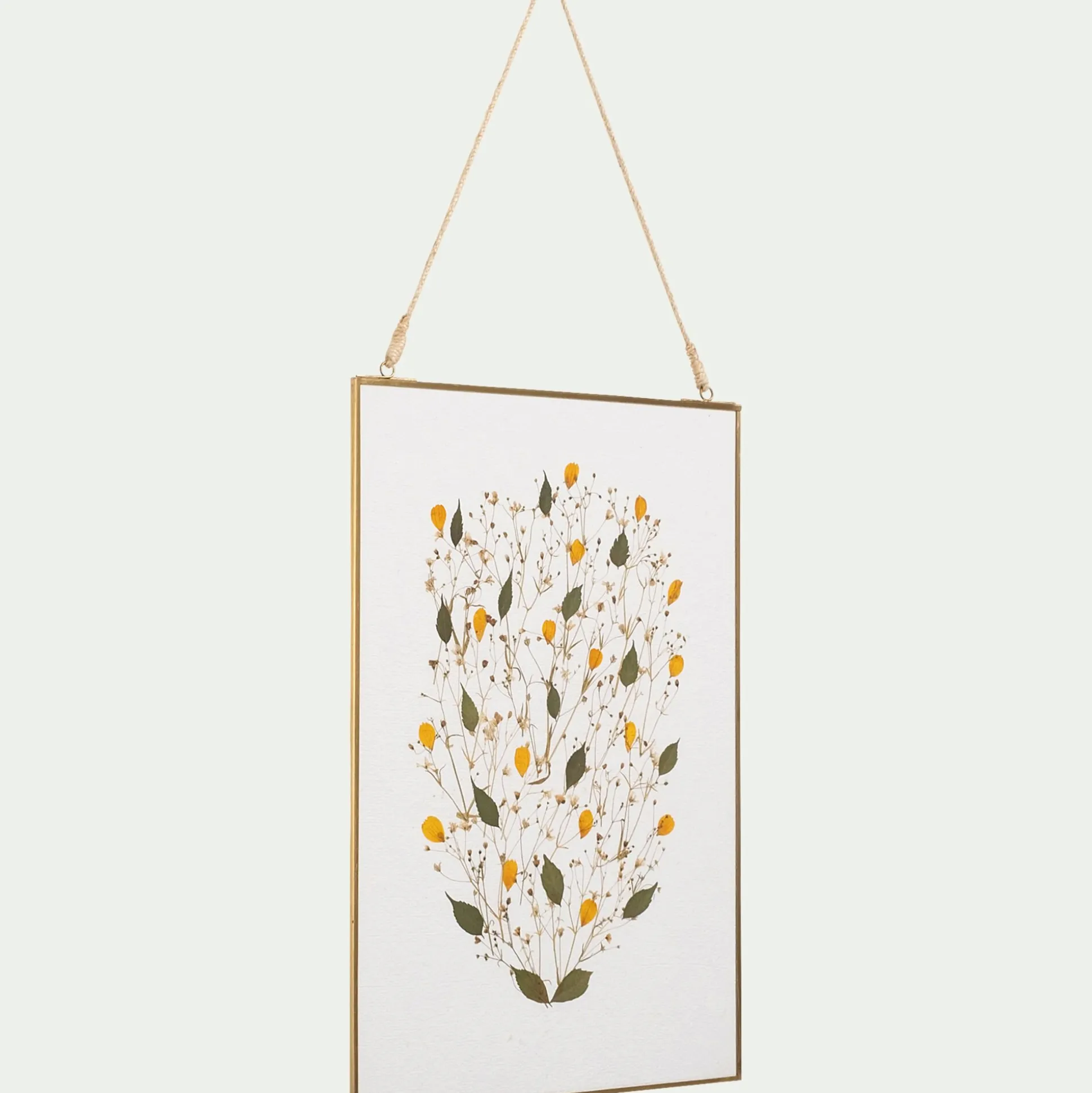 Décoration murale rectangulaire avec fleurs séchés en verre - doré