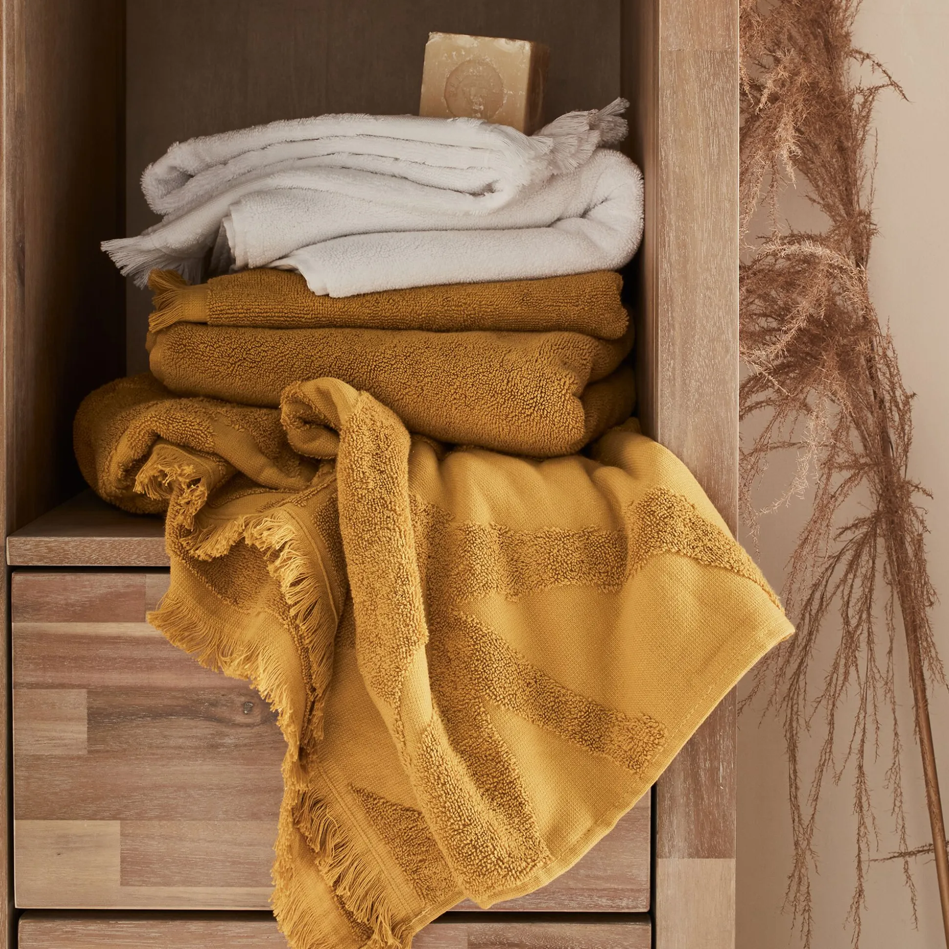 Drap de douche en coton - jaune argan 70x140cm