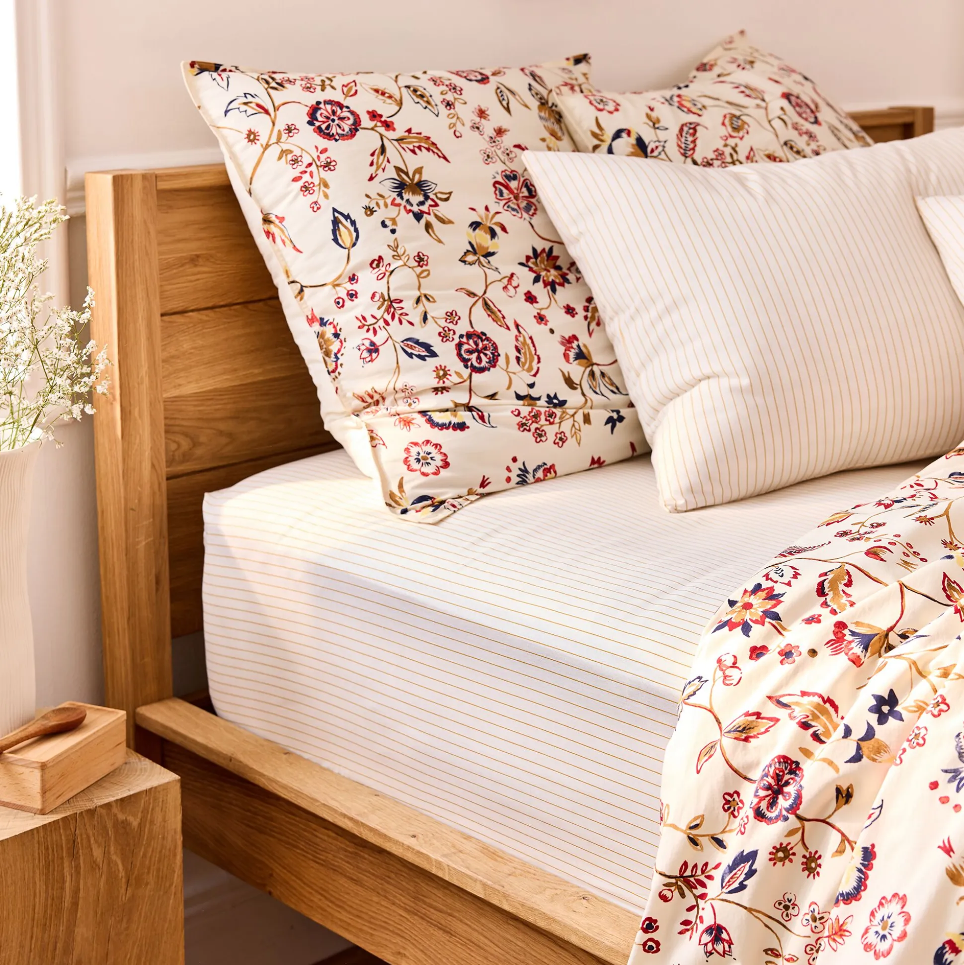 Drap housse rayé en coton 140x200cm B30cm - jaune argan