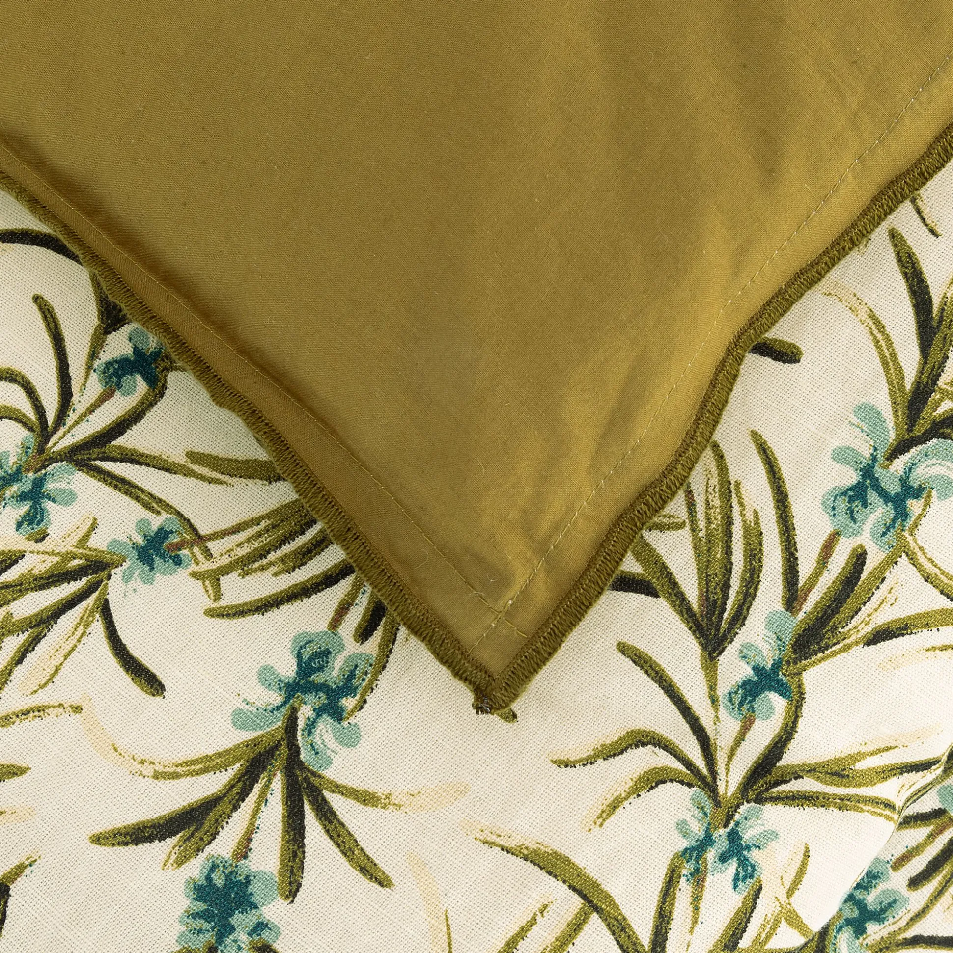 Édredon à motif romarin en lin et coton 100x180cm piquage pompons double faces - vert
