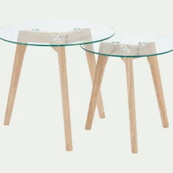 Ensemble de 2 bouts de canapé en verre et bois d'hévéa - transparent