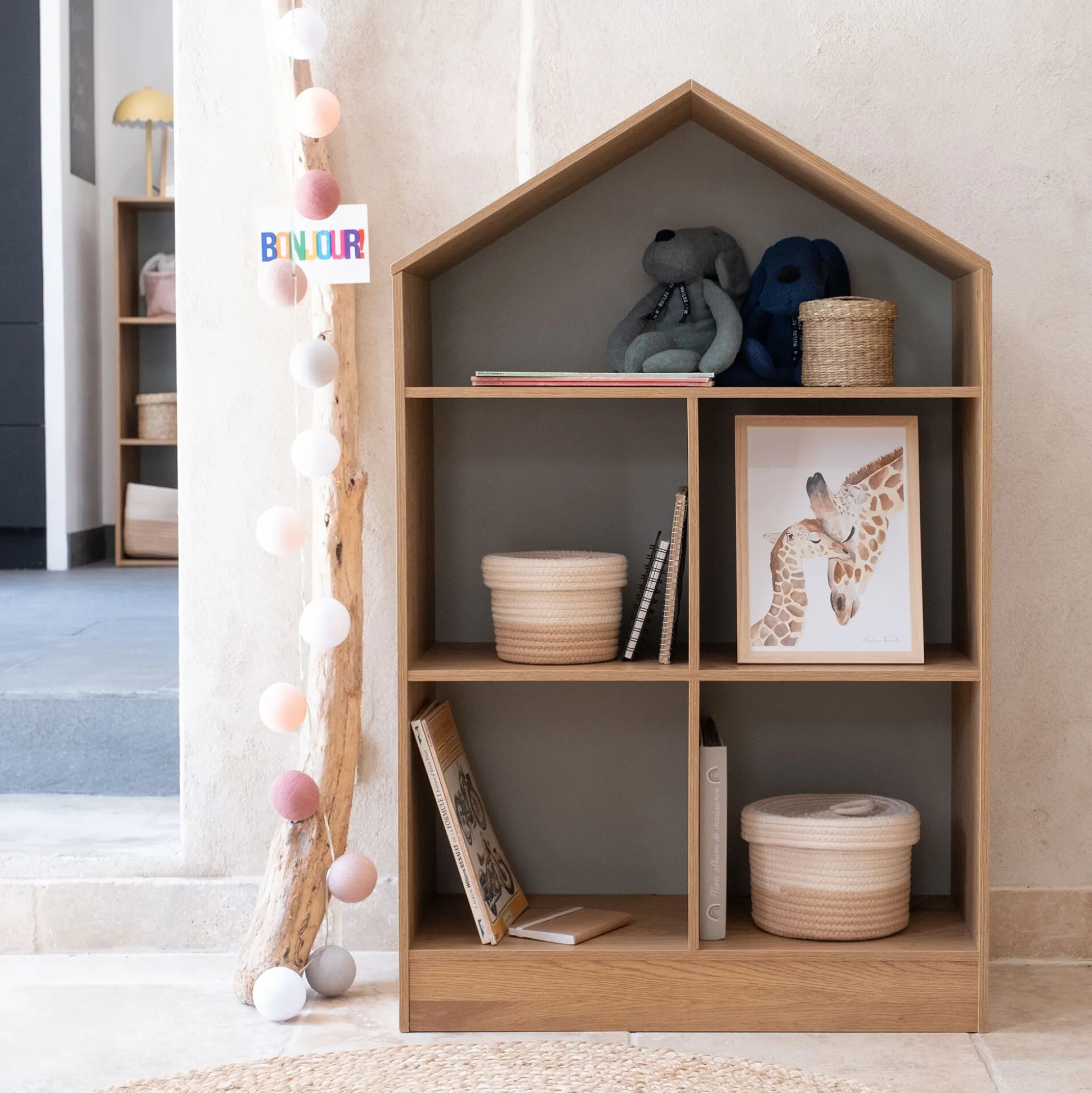 Etagère maison 5 cases en bois - bois clair