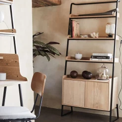 Etagère 3 tablettes et caisson plaquée frêne et métal noir - L80cm