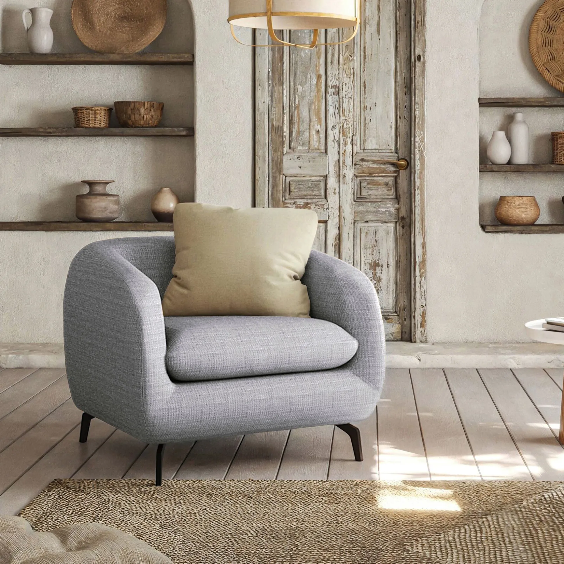 Fauteuil en tissu tramé piétement noir - gris ardoise