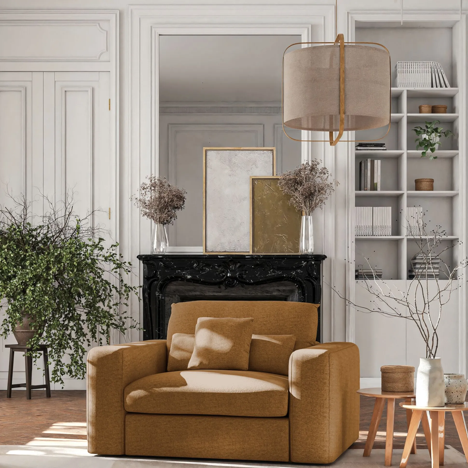Fauteuil fixe en tissu chenille - jaune argan