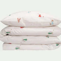Housse de couette enfant 140x200cm et 1 taie d'oreiller 63x63cm motif princesse en coton - blanc