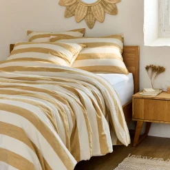 Housse de couette à rayures en coton flammé lavé 240x220cm - jaune