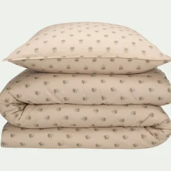 Housse de couette 240x220cm et 2 taies d'oreiller 63x63cm motif floral en coton cretonne - beige