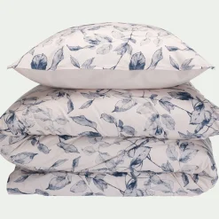 Housse de couette 240x220cm et 2 taies d'oreiller 63x63cm en percale de coton motif végétal - bleu