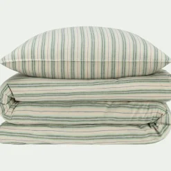 Housse de couette 240x220cm et 2 taies d'oreiller 63x63cm motif rayé en coton tissé teint lavé - bleu