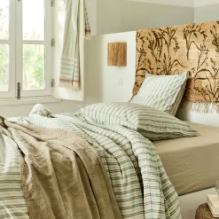 Housse de couette 240x220cm et 2 taies d'oreiller 63x63cm motif rayé en coton tissé teint lavé - bleu