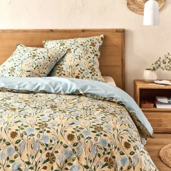 Housse de couette 240x220cm et 2 taies d'oreiller 63x63cm en percale de coton motif floral - bleu