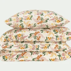 Housse de couette 240x220cm et 2 taies d'oreiller 63x63cm motif floral en coton lavé - orange