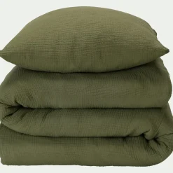 Housse de couette 260x240cm et 2 taies d'oreiller 63x63cm en double gaze de coton - vert sauge