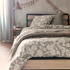 Housse de couette 240x220cm et 2 taies d'oreiller 63x63cm en coton motif floral - vert