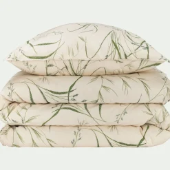 Housse de couette 240x220cm et 2 taies d'oreiller 63x63cm en coton à motif végétal - beige