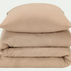 Housse de couette 240x220cm et 2 taies d'oreiller 63x63cm en double gaze de coton - beige alpilles