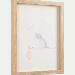 Illustration encadrée motif cigognes 22x27cm - bois clair