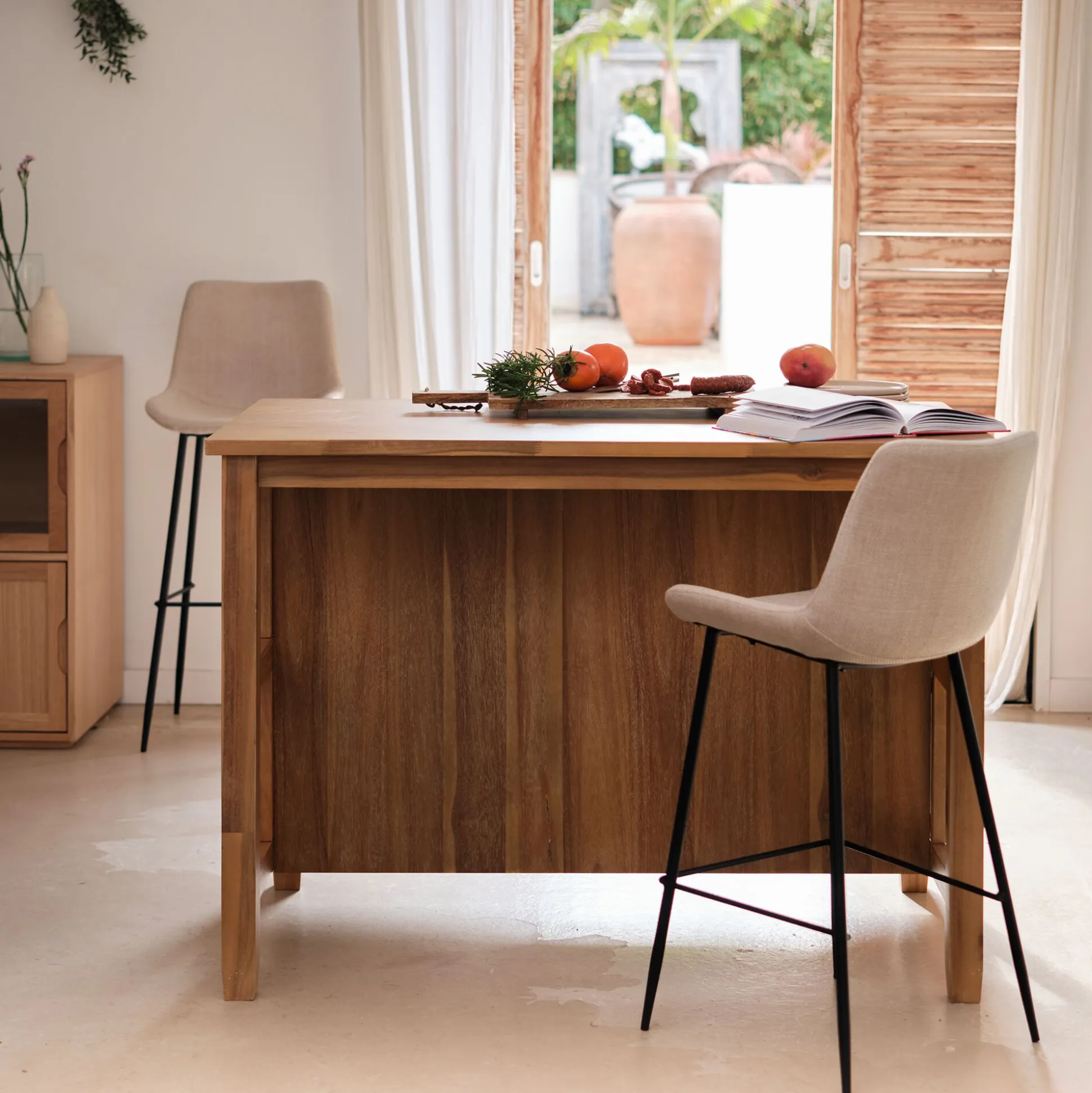 Ilot central de cuisine avec rangement en acacia L125cm - bois foncé