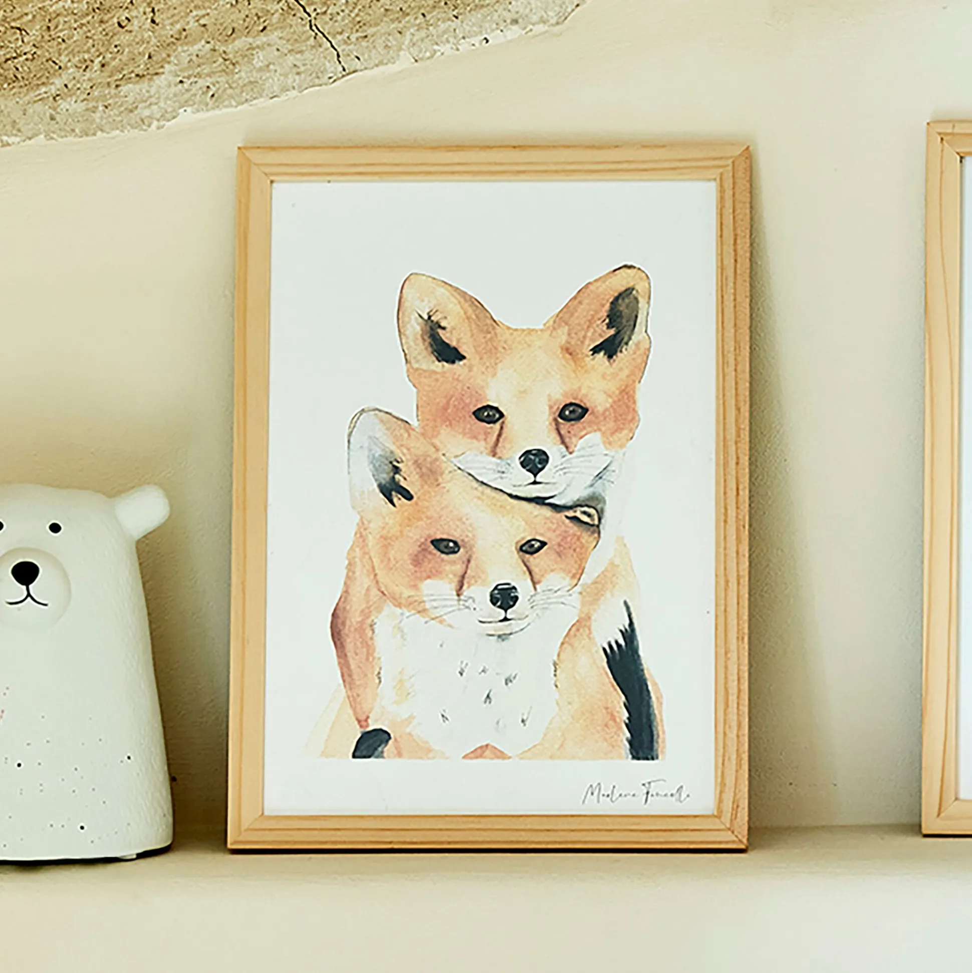 Image aquarelle encadrée famille de renards - A4