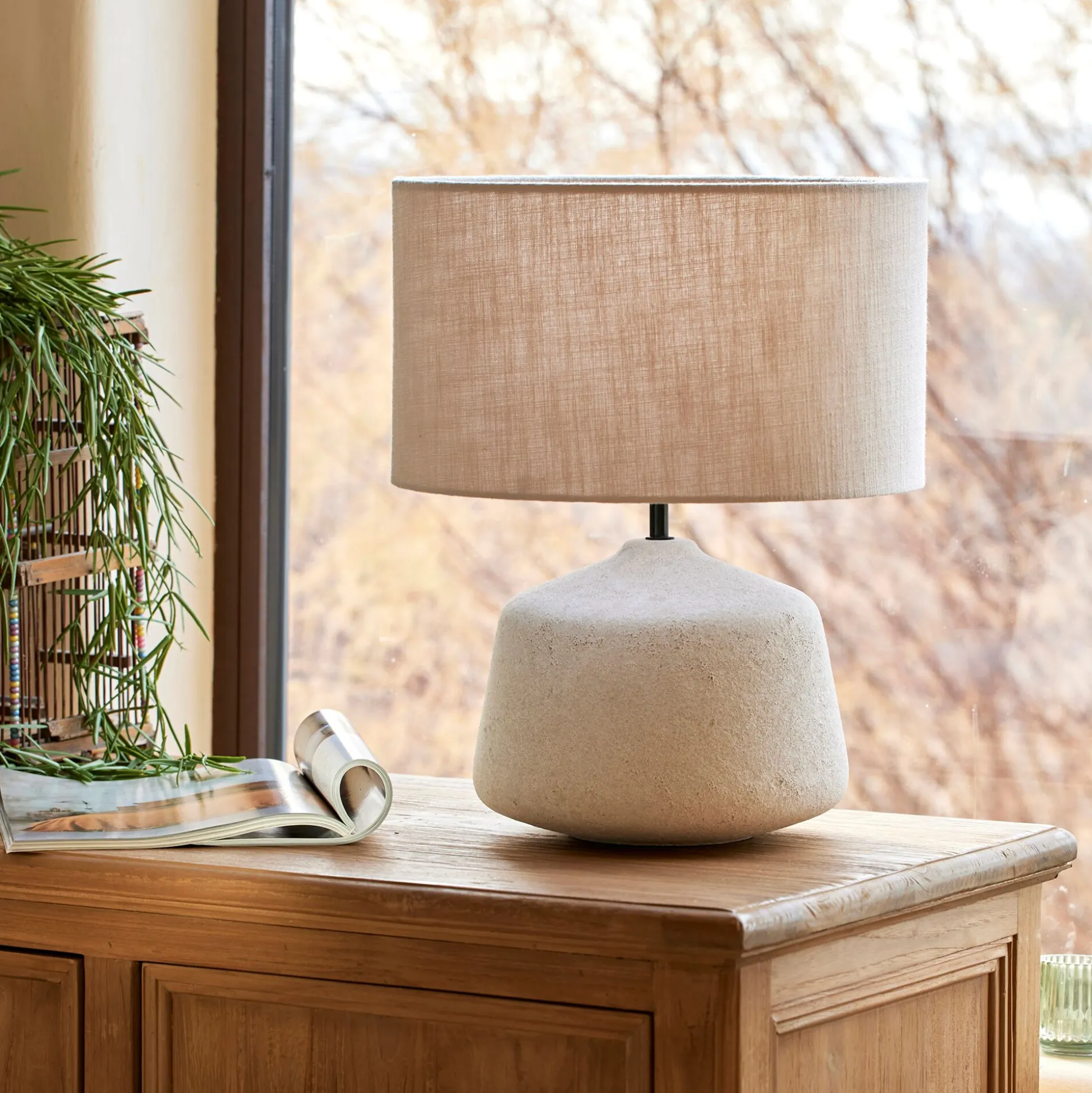 Lampe à poser électrifiée en céramique et coton D35cm - beige sable