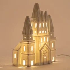 Lampe à poser électrifiée forme château en porcelaine H25cm - blanc