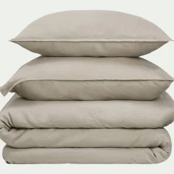 Linge de lit uni en lin lavé - beige