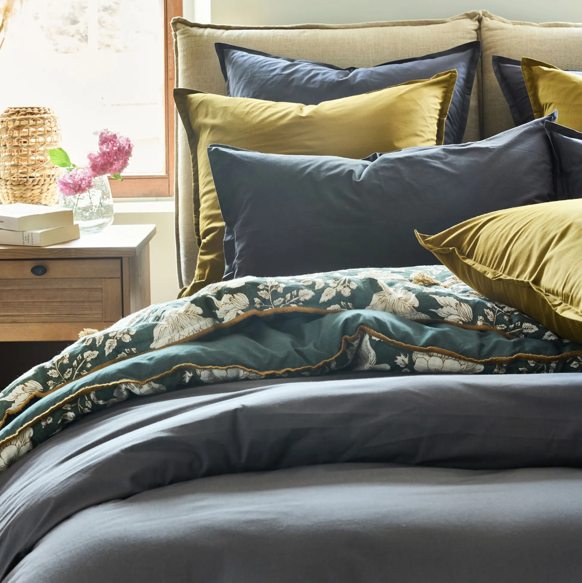 Linge de lit uni en percale de coton - gris ardoise