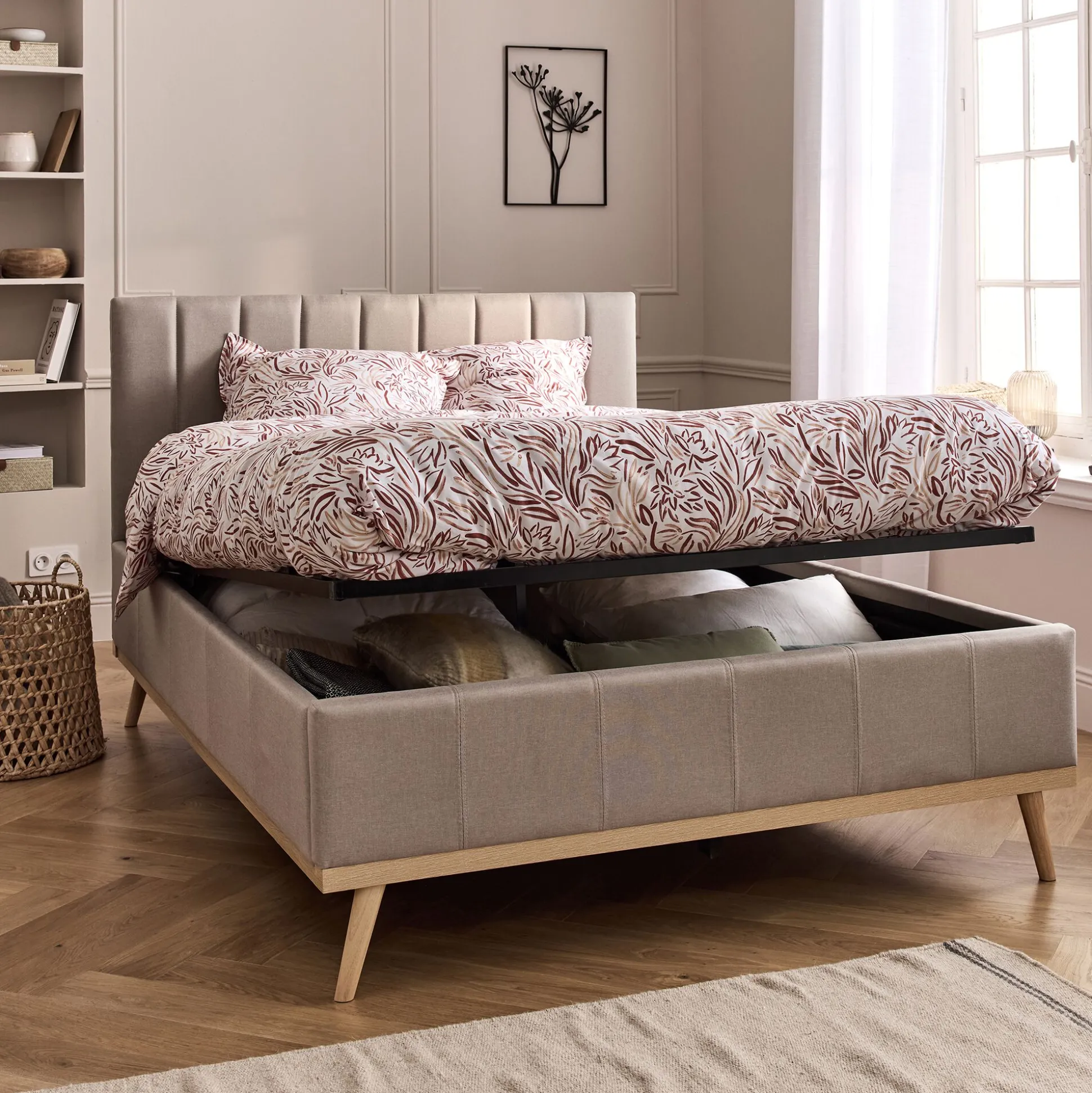 Lit-coffre 2 places recouvert de tissu - beige 140x200cm