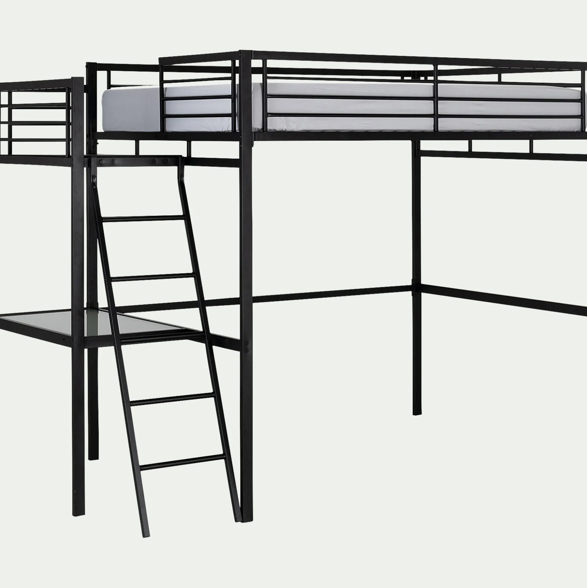 Lit mezzanine 2 places en acier avec bureau en verre - noir 140x200cm
